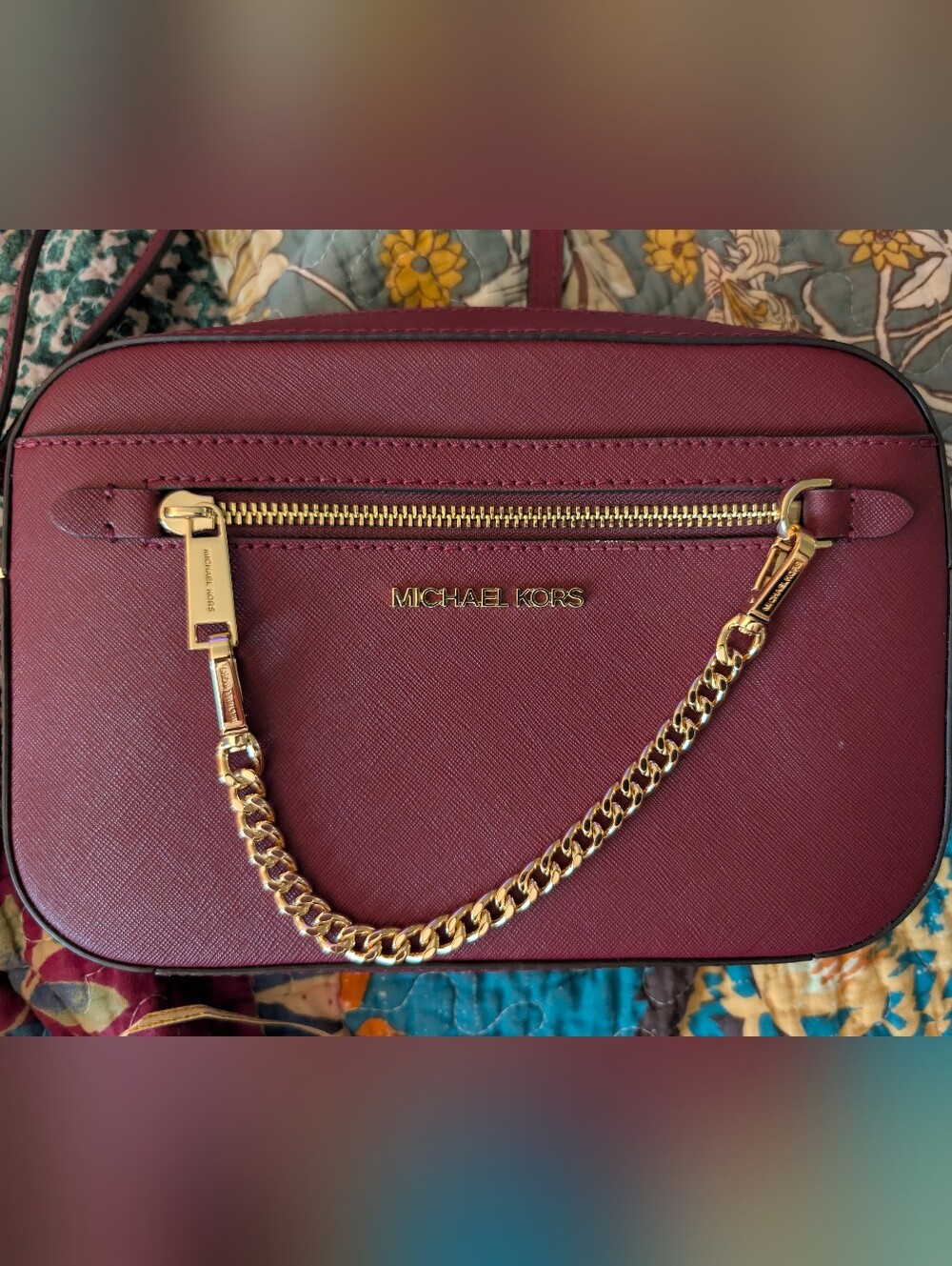 Michael Kors Wine Saffiano Crossbody with Gold Chain